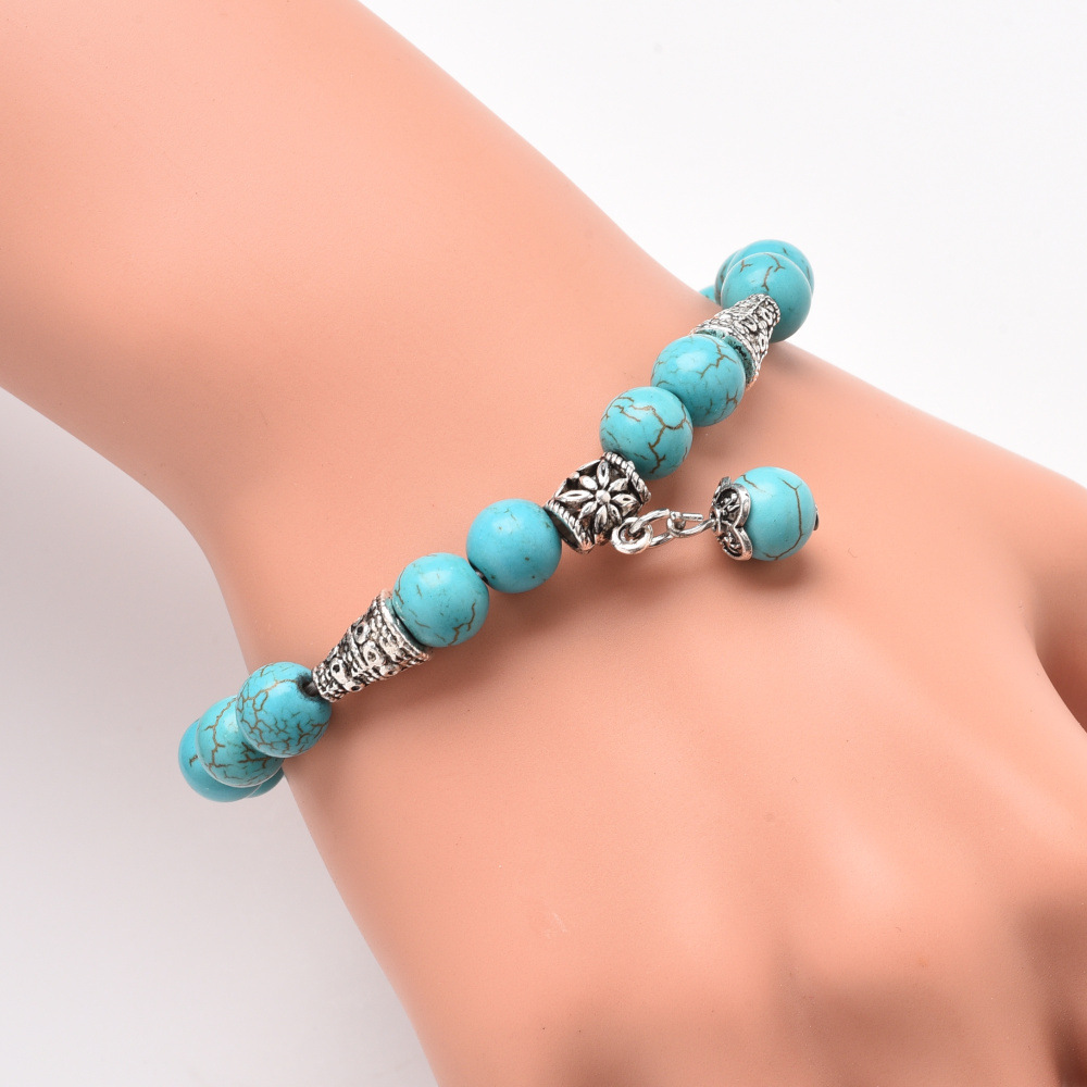 8mm Natural Gemstone Beads Alloy Flower Charm Cone Bracelet for Women and Men