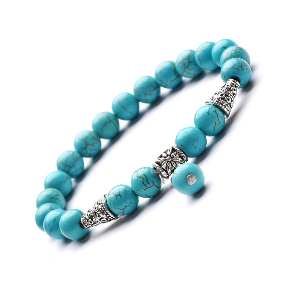 8mm Natural Gemstone Beads Alloy Flower Charm Cone Bracelet for Women and Men