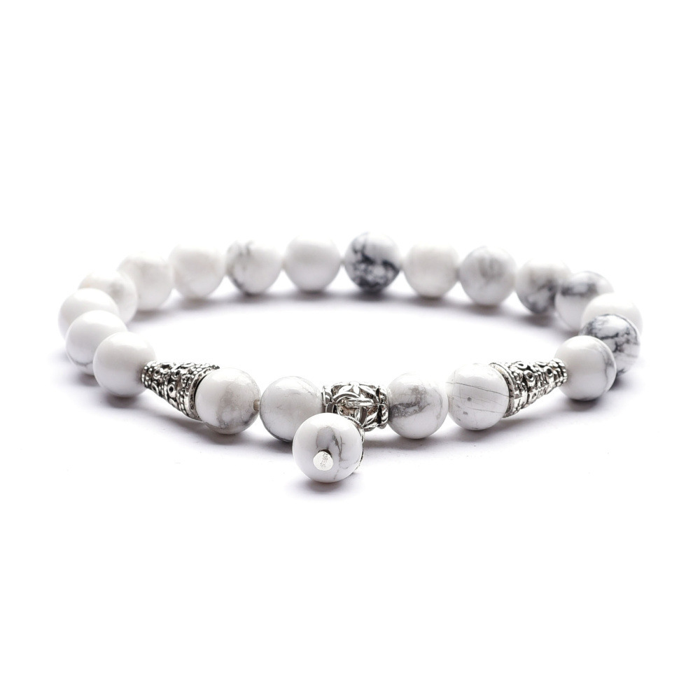8mm Natural Gemstone Beads Alloy Flower Charm Cone Bracelet for Women and Men