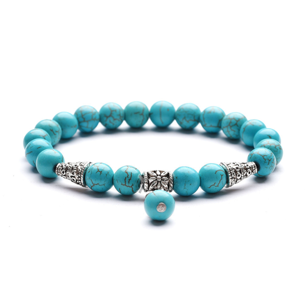 8mm Natural Gemstone Beads Alloy Flower Charm Cone Bracelet for Women and Men