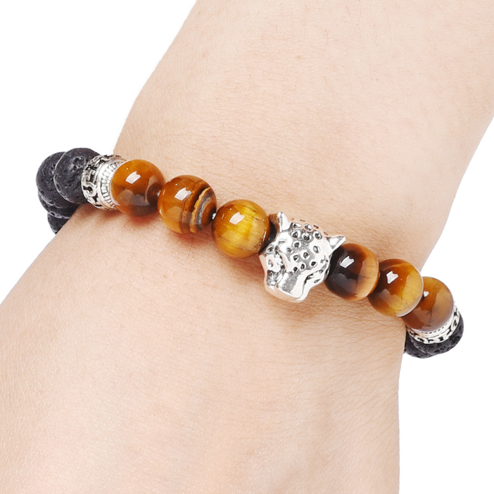 Electroplated Leopard Head 8mm Quality Tiger Eye Natural Volcanic Stone Bracelet
