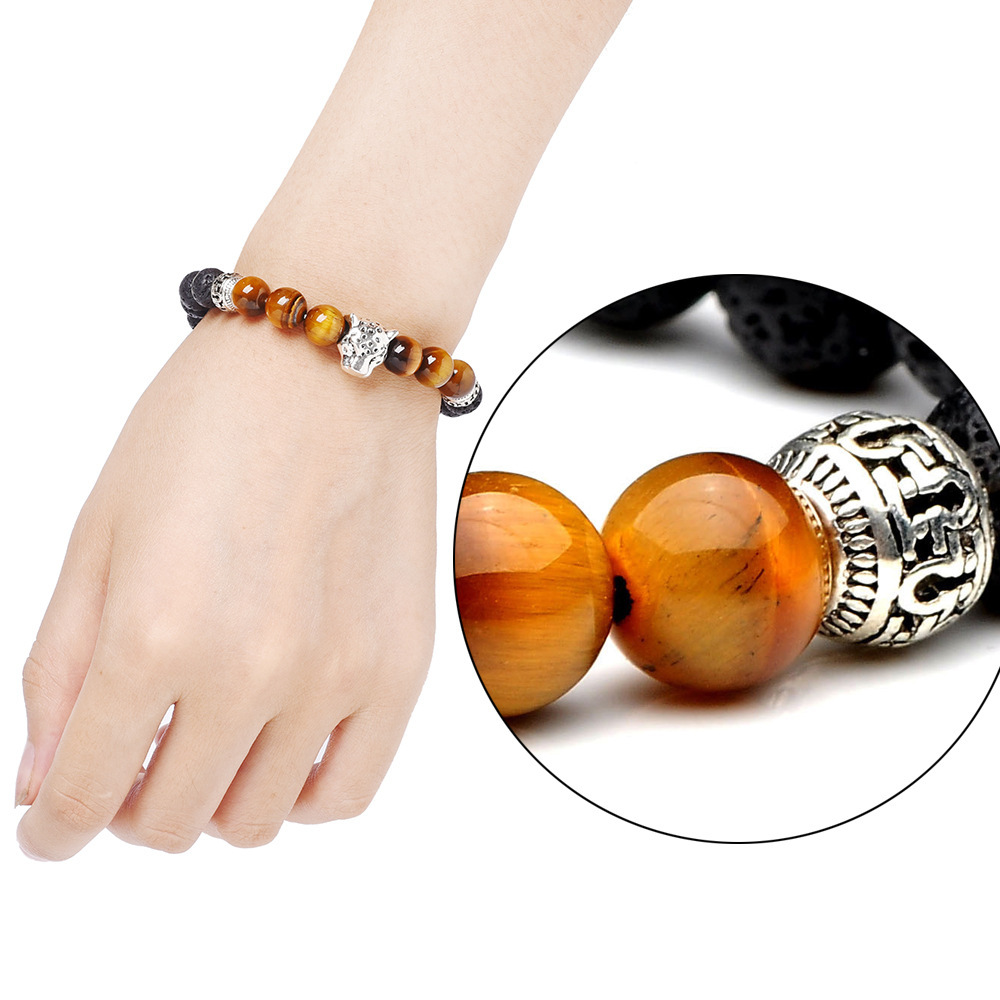 Electroplated Leopard Head 8mm Quality Tiger Eye Natural Volcanic Stone Bracelet