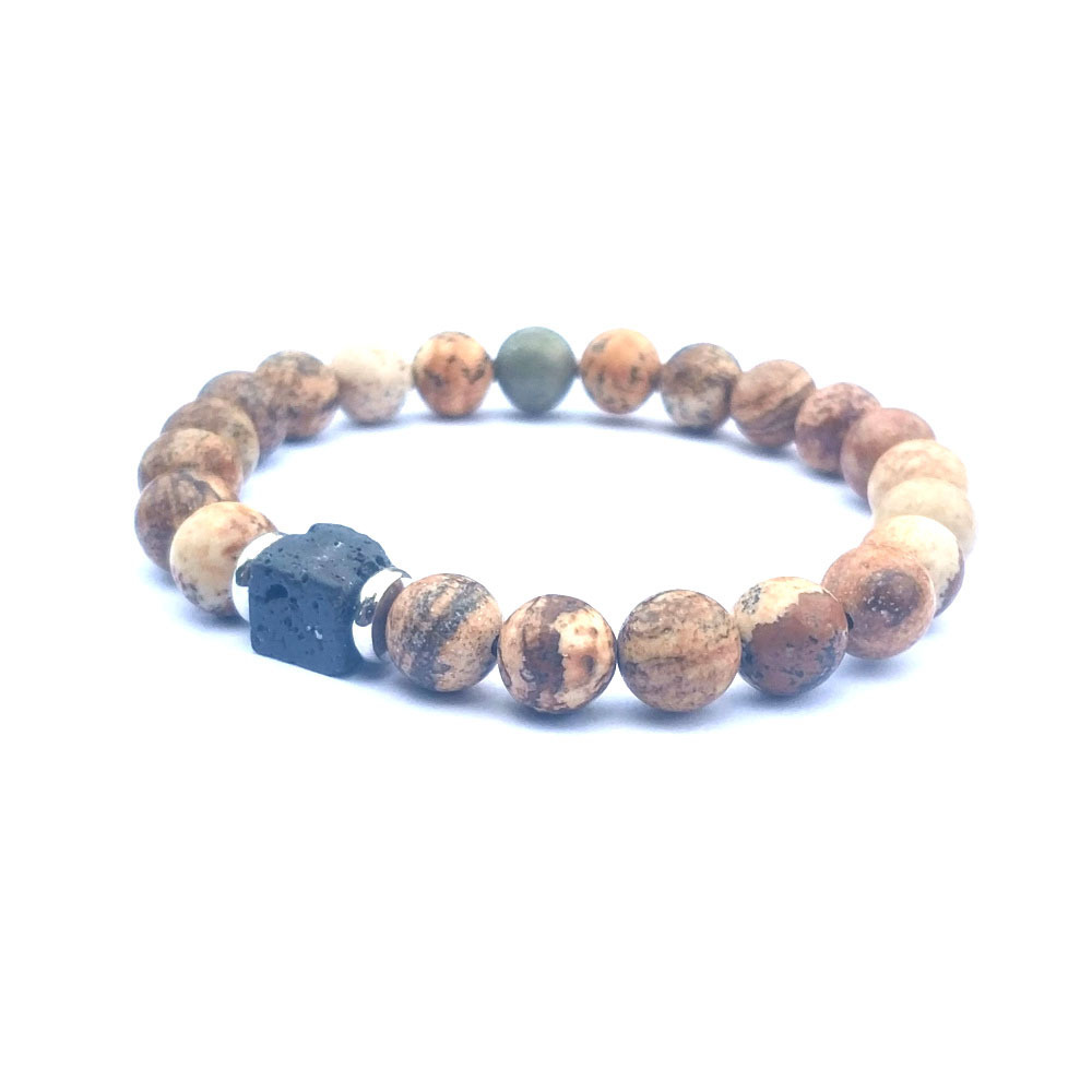 Natural Gemstone 8mm Volcanic Stone Block Stainless Steel Flake Bracelet
