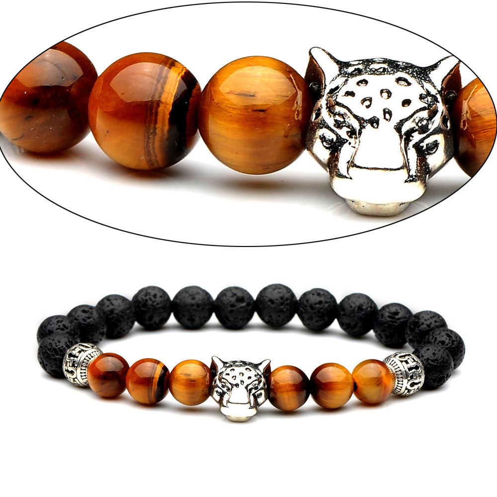 Electroplated Leopard Head 8mm Quality Tiger Eye Natural Volcanic Stone Bracelet