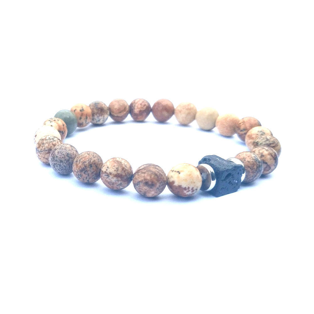 Natural Gemstone 8mm Volcanic Stone Block Stainless Steel Flake Bracelet