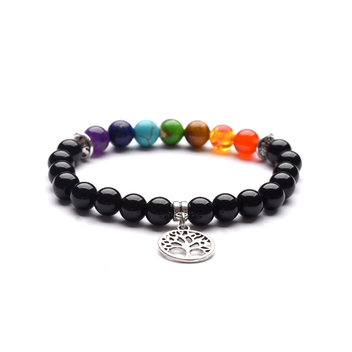 8MM Volcanic Stone Seven Chakra Yoga Couple Love Life Tree Pendant Bracelet