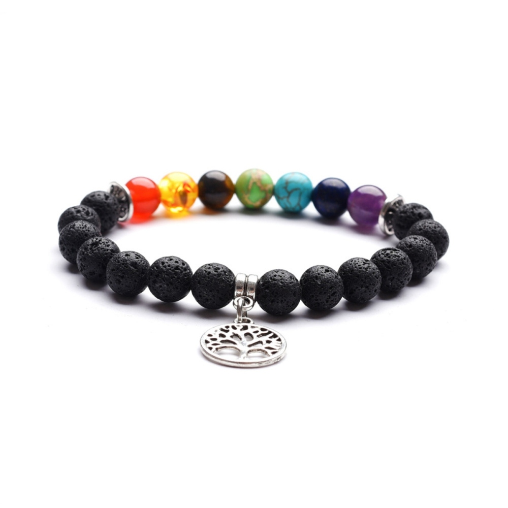 8MM Volcanic Stone Seven Chakra Yoga Couple Love Life Tree Pendant Bracelet