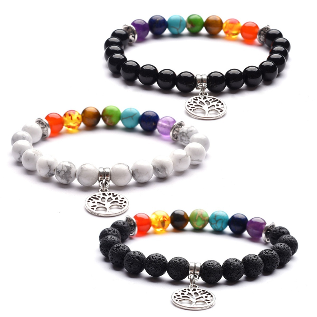 8MM Volcanic Stone Seven Chakra Yoga Couple Love Life Tree Pendant Bracelet