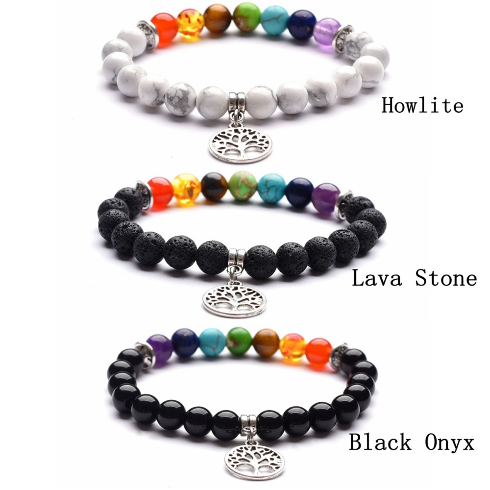 8MM Volcanic Stone Seven Chakra Yoga Couple Love Life Tree Pendant Bracelet
