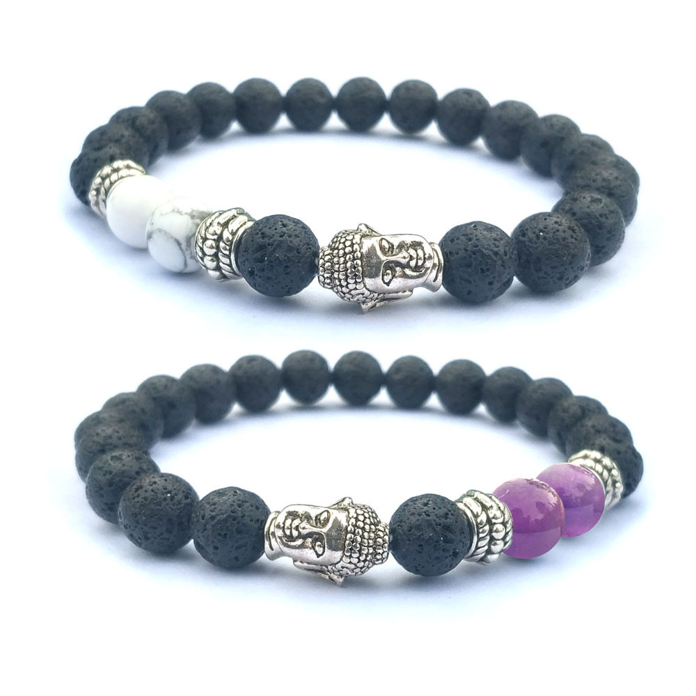 Handmade 8MM Natural Gemstone Lava Rock Buddha Head Bracelet Jewelry Gift