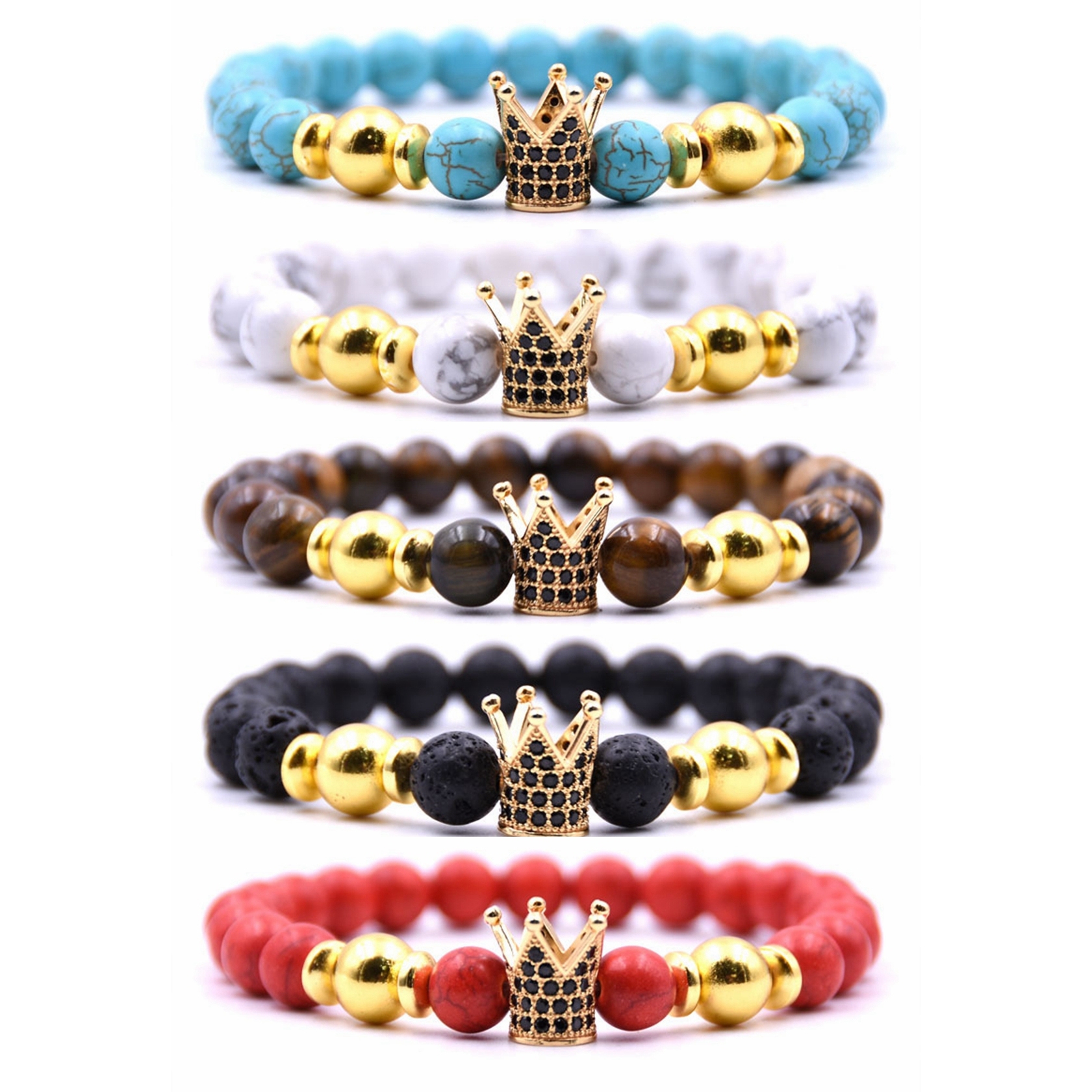 Men's Jewelry Natural Lava Stone CZ Copper Crown Bead Charm Gift Bracelet for Women
