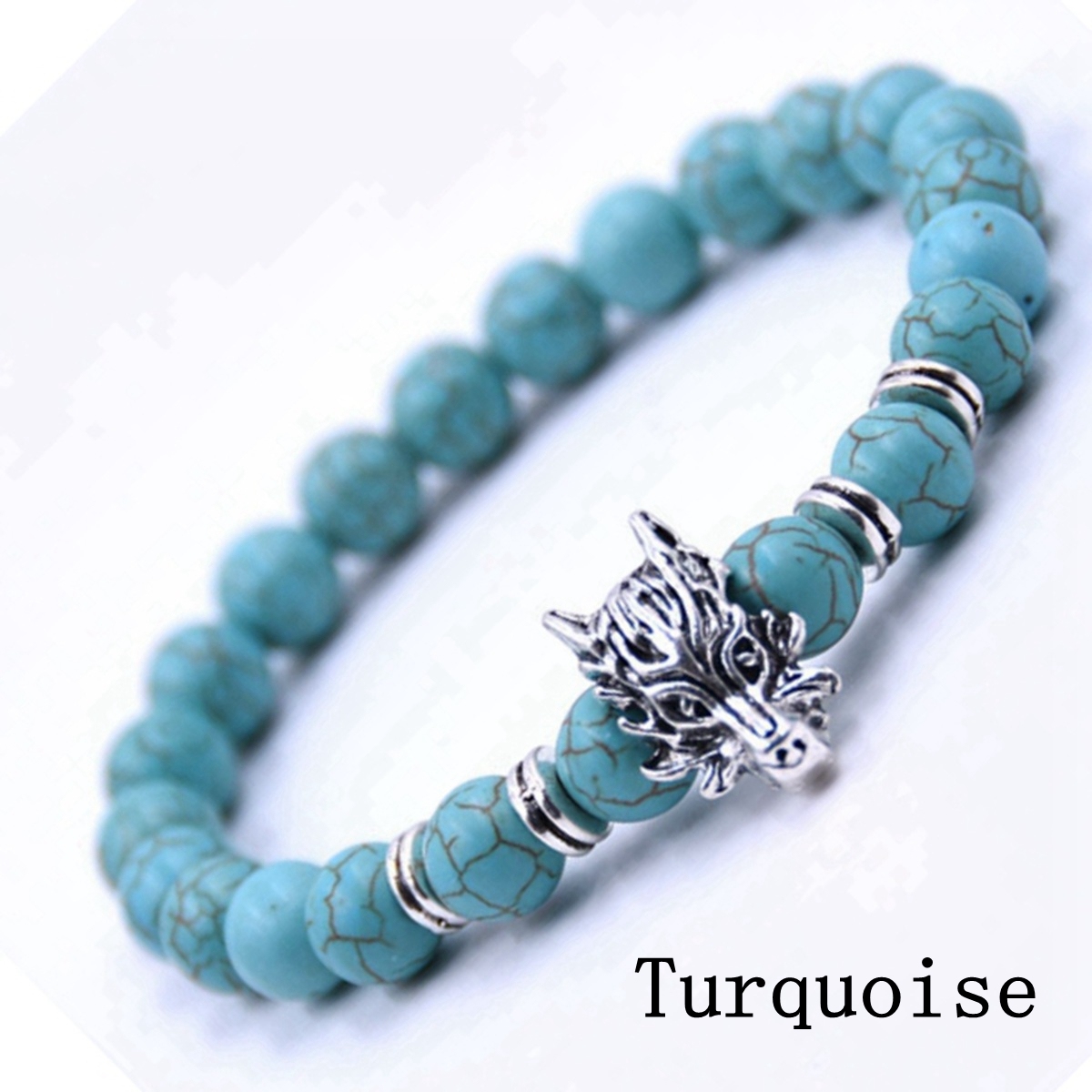 Men's Jewelry Natural Gemstone Silver Lion Beaded Cuff Charm Bracelet