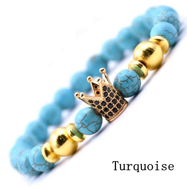 Men's Jewelry Natural Lava Stone CZ Copper Crown Bead Charm Gift Bracelet for Women