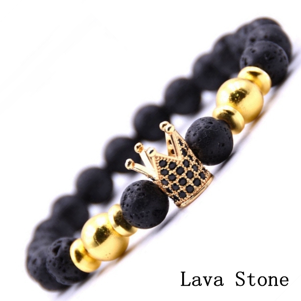 Men's Jewelry Natural Lava Stone CZ Copper Crown Bead Charm Gift Bracelet for Women