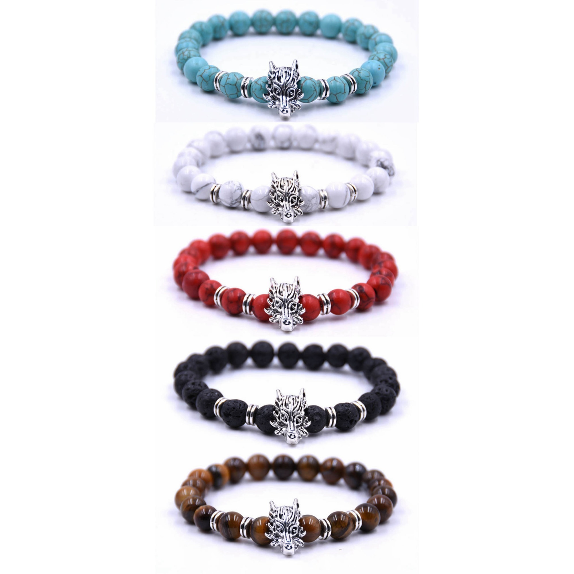 Men's Jewelry Natural Gemstone Silver Lion Beaded Cuff Charm Bracelet