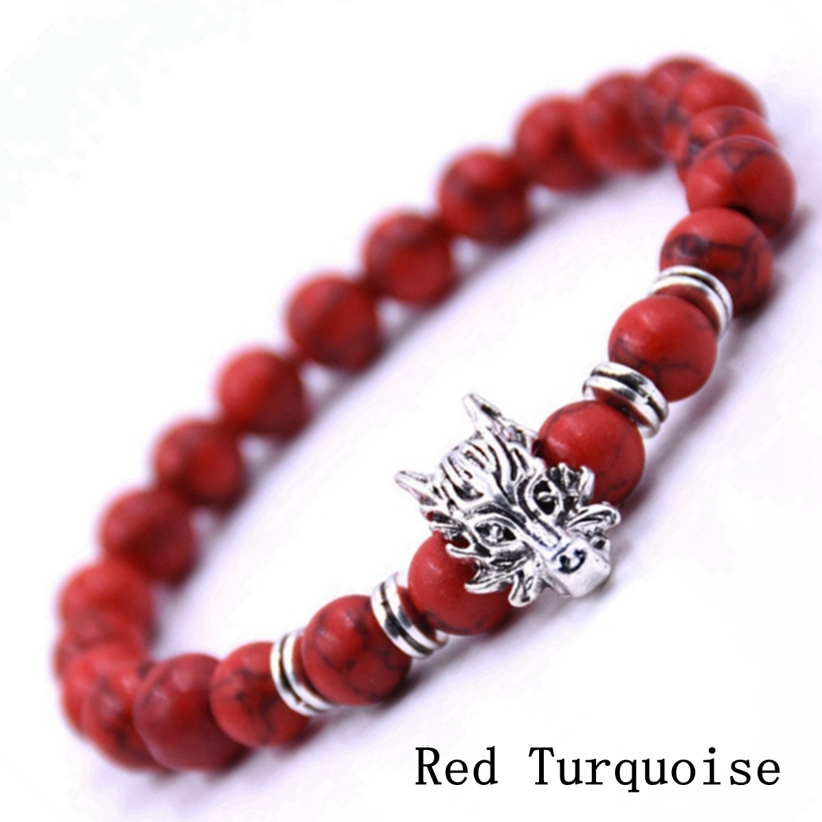 Men's Jewelry Natural Gemstone Silver Lion Beaded Cuff Charm Bracelet