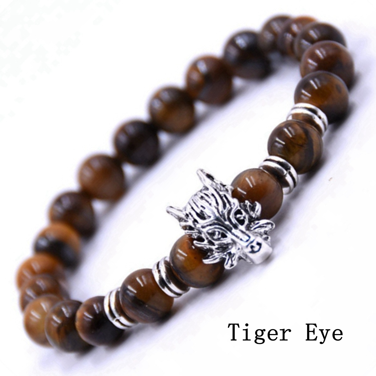 Men's Jewelry Natural Gemstone Silver Lion Beaded Cuff Charm Bracelet