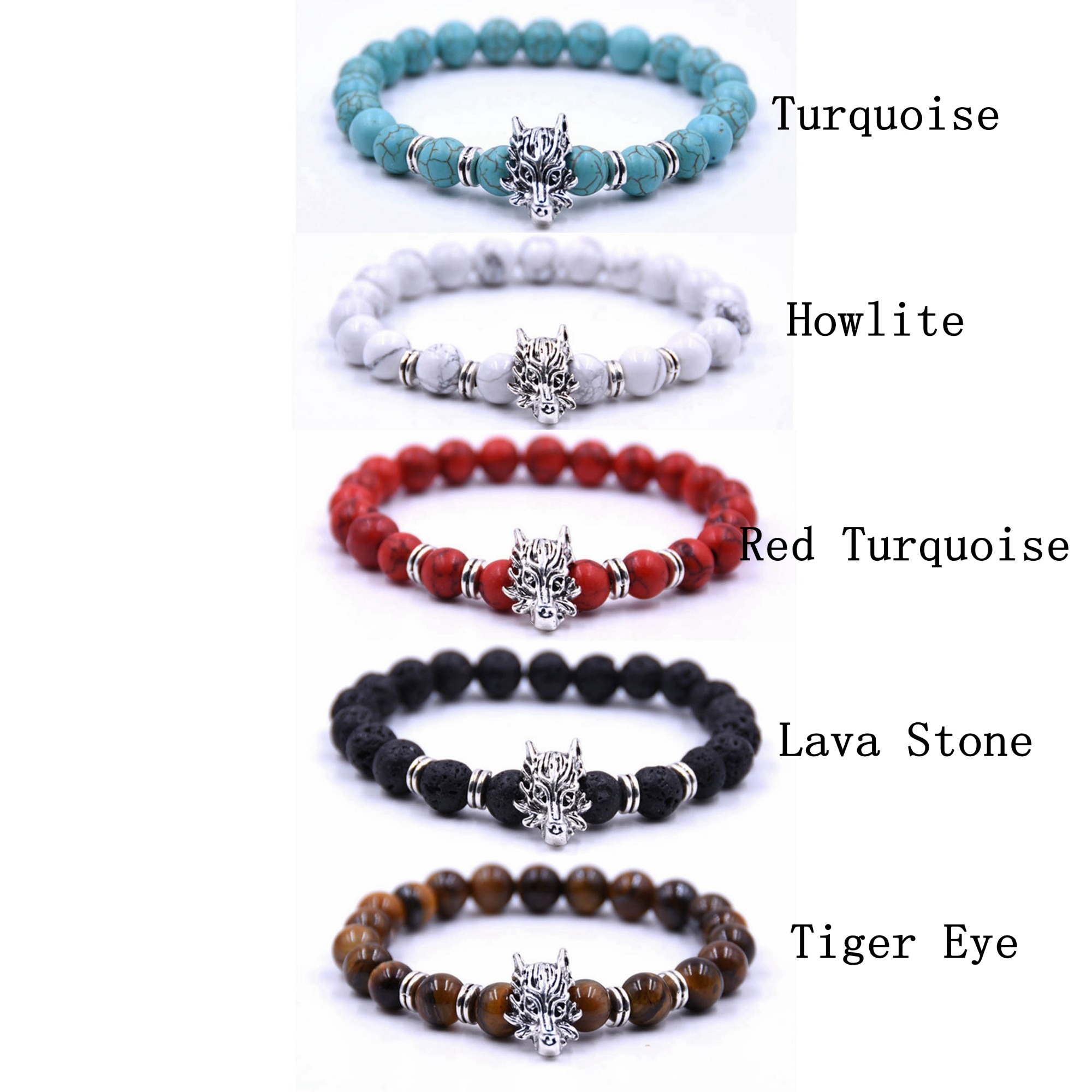 Men's Jewelry Natural Gemstone Silver Lion Beaded Cuff Charm Bracelet