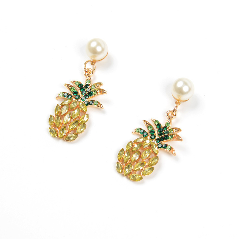 Fashion Glass Peart Gold Pineapple Drop Charm Earrings for Women's Jewelry
