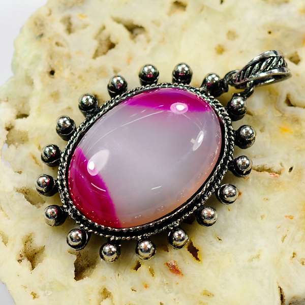 Fashion Oval Agate Bead Charm Alloy Pendant