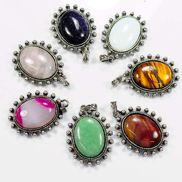 Fashion Oval Agate Bead Charm Alloy Pendant