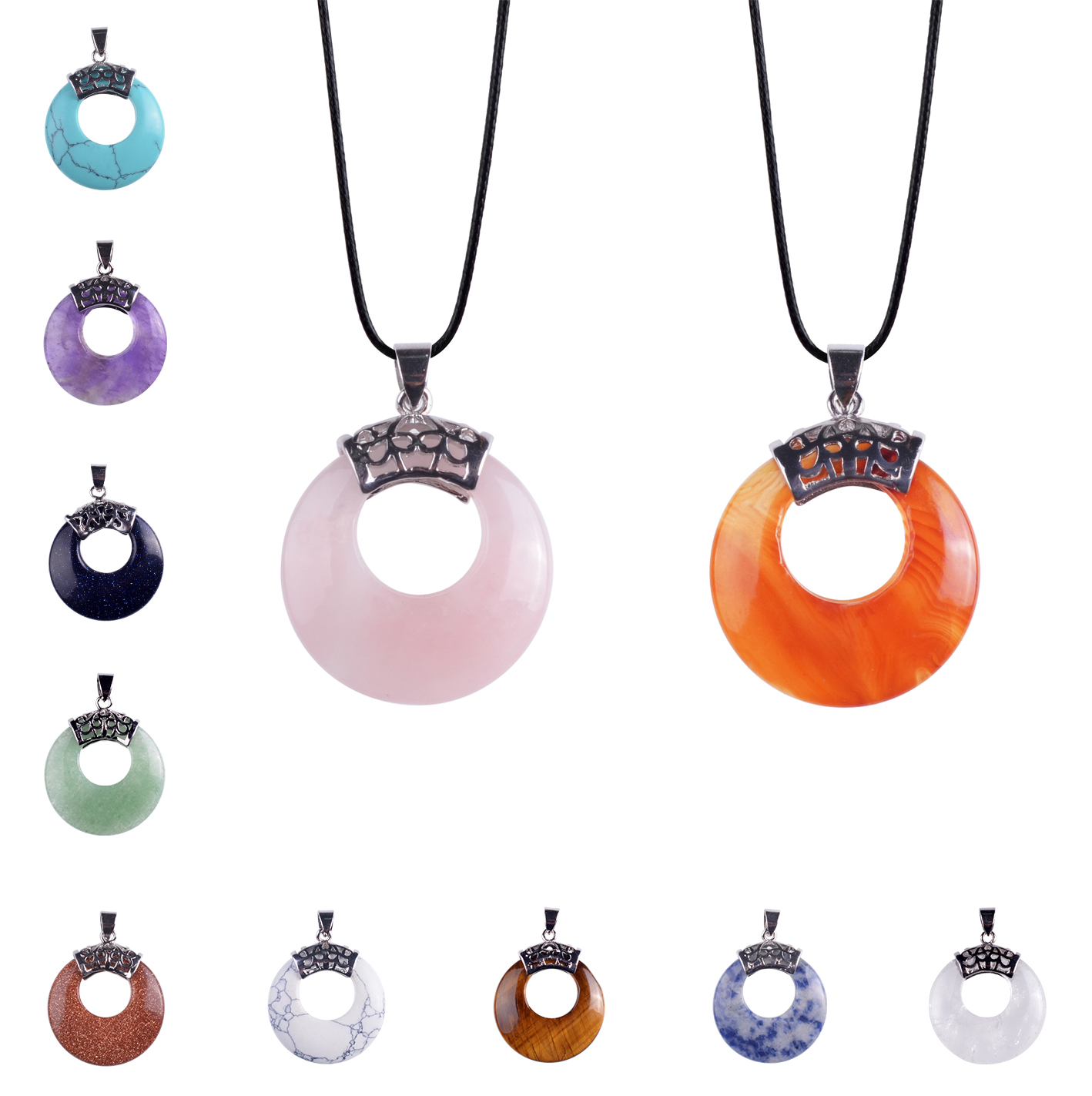 Natyral Crystal Stone Donut Coin Round Reiki Healing Pendant Charm Neckalce
