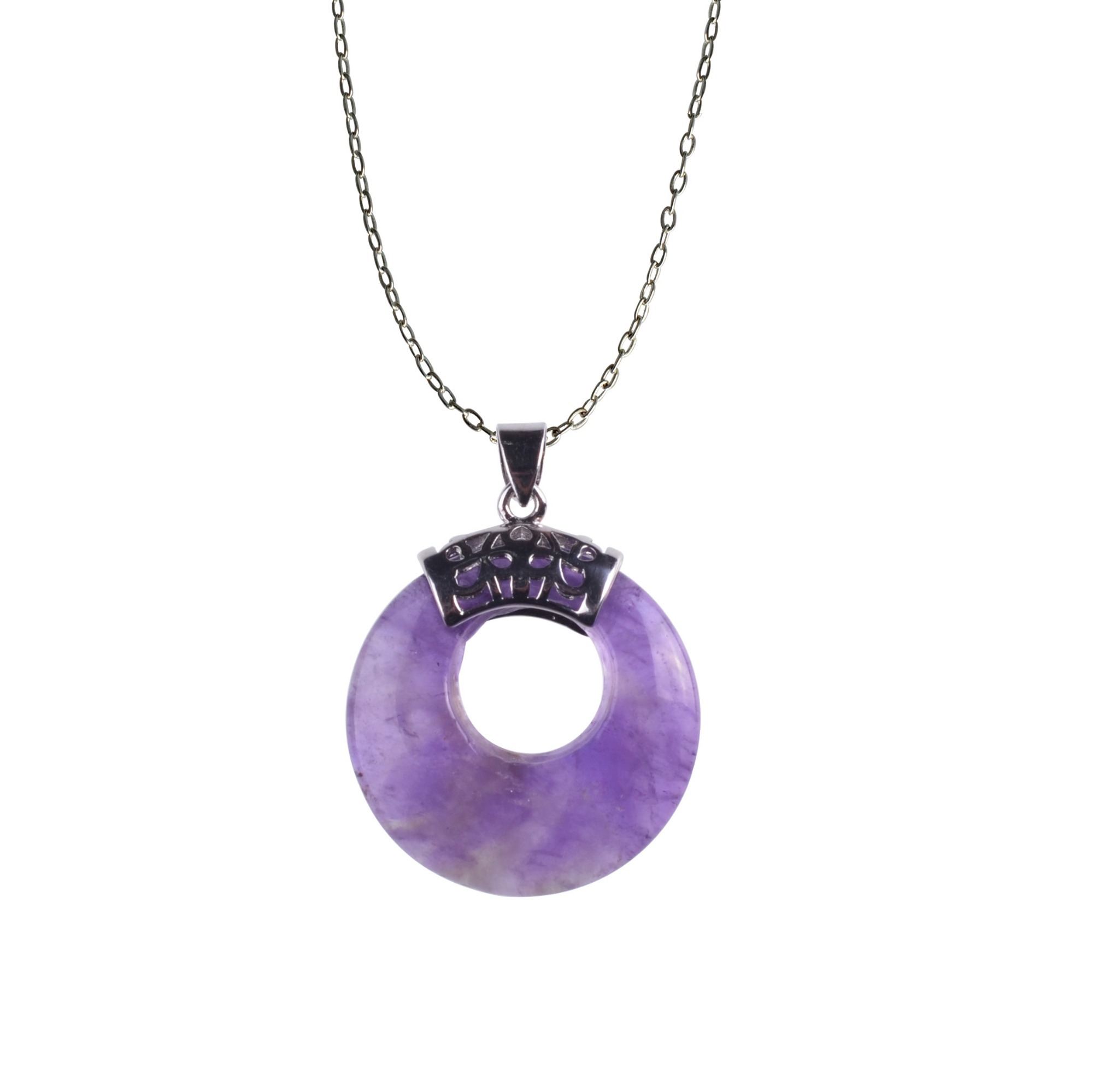 Natyral Crystal Stone Donut Coin Round Reiki Healing Pendant Charm Neckalce