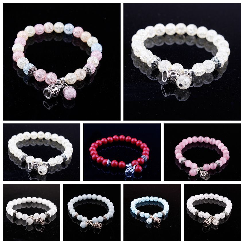 8MM Nataural White Sparkling Crystal  Alloy Crown Charm Bracelet for Women Men
