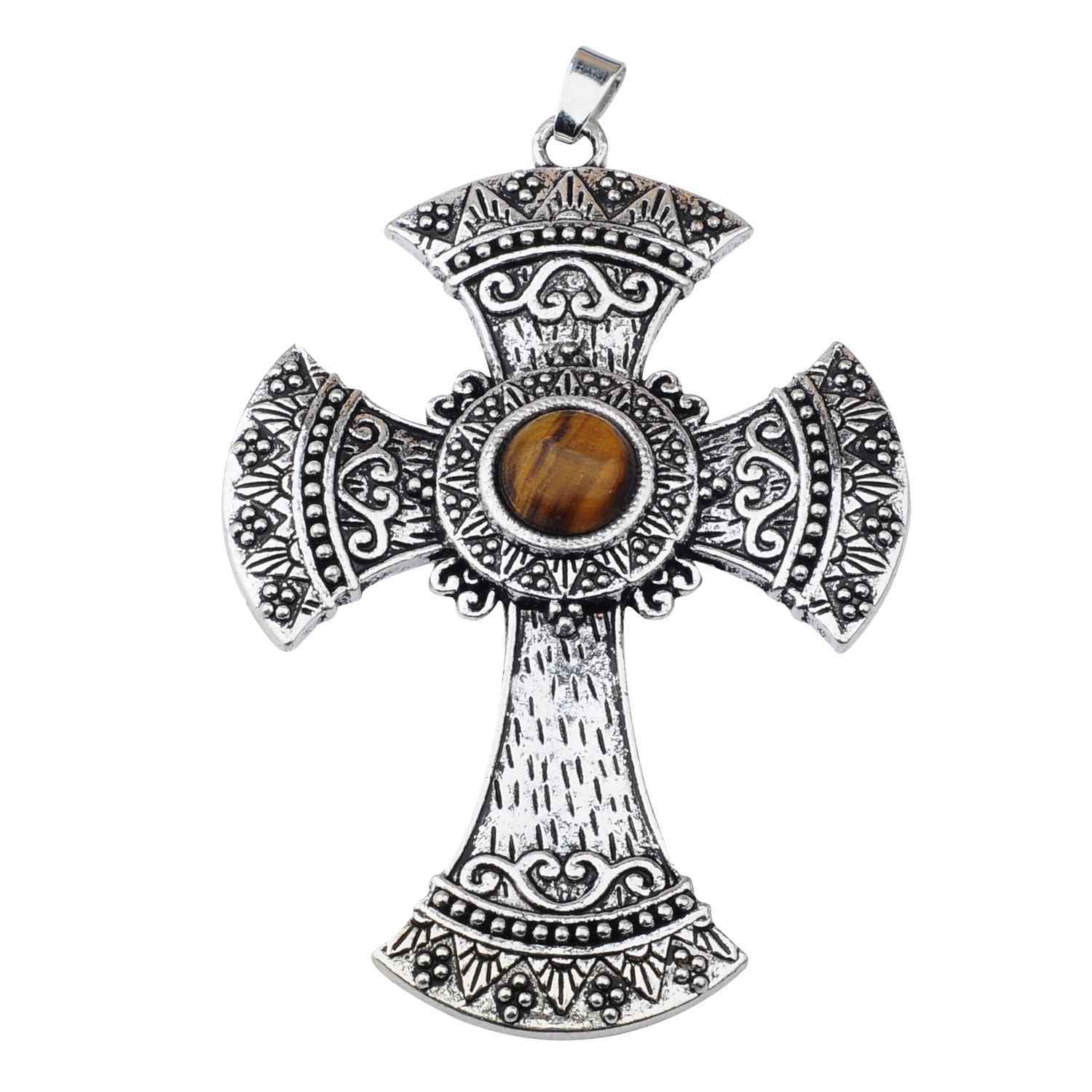 Men's Jewelry Natural Stone Quartz Charm Cross Pendant Necklace Women Gift