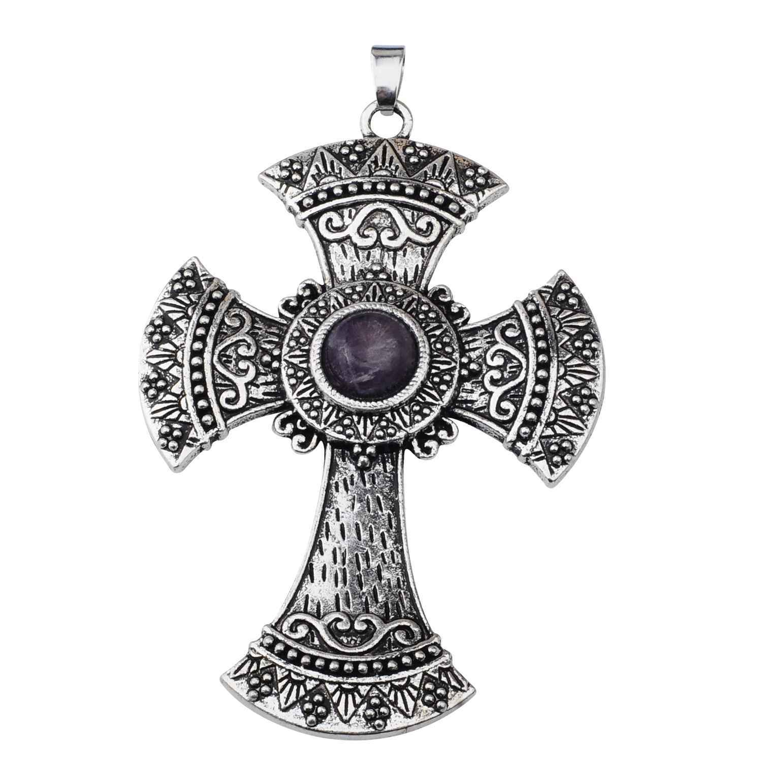 Men's Jewelry Natural Stone Quartz Charm Cross Pendant Necklace Women Gift