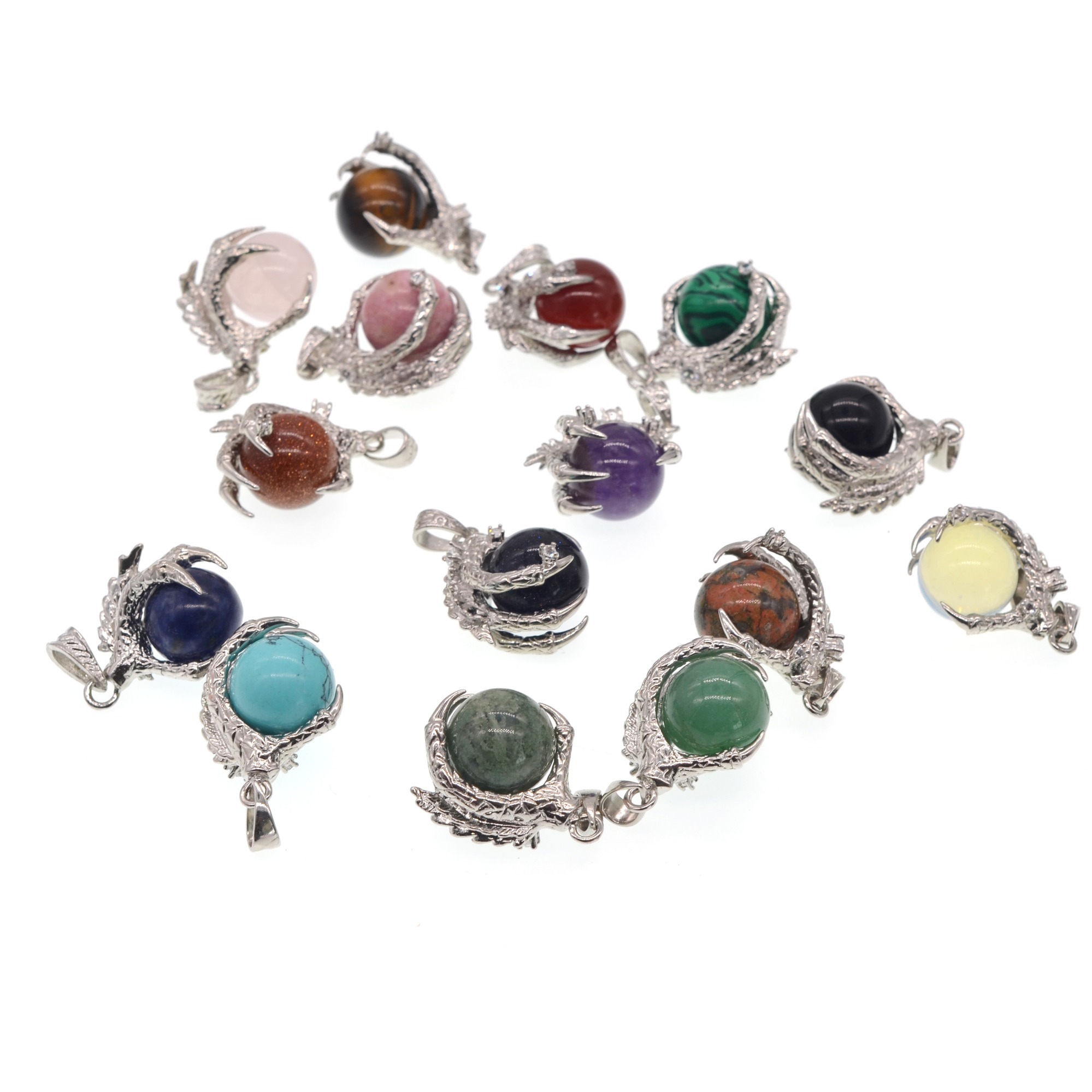 Natural 15MM Agate Gemstone Sphere Dragon Claw Pendant Charm Necklace