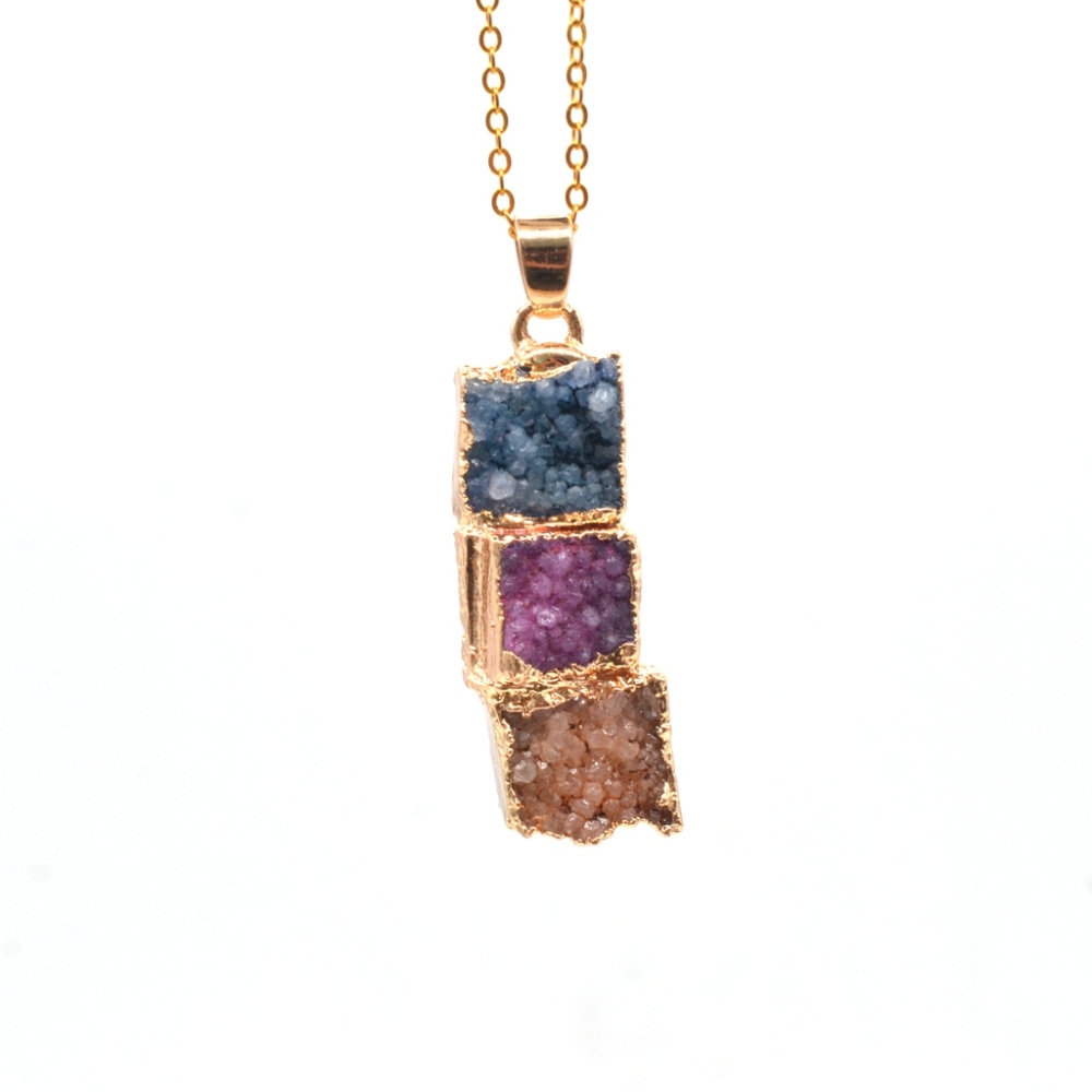 Natural Druzy Quartz Crystal Stone Necklace Gemstone Healing Gold Pendant