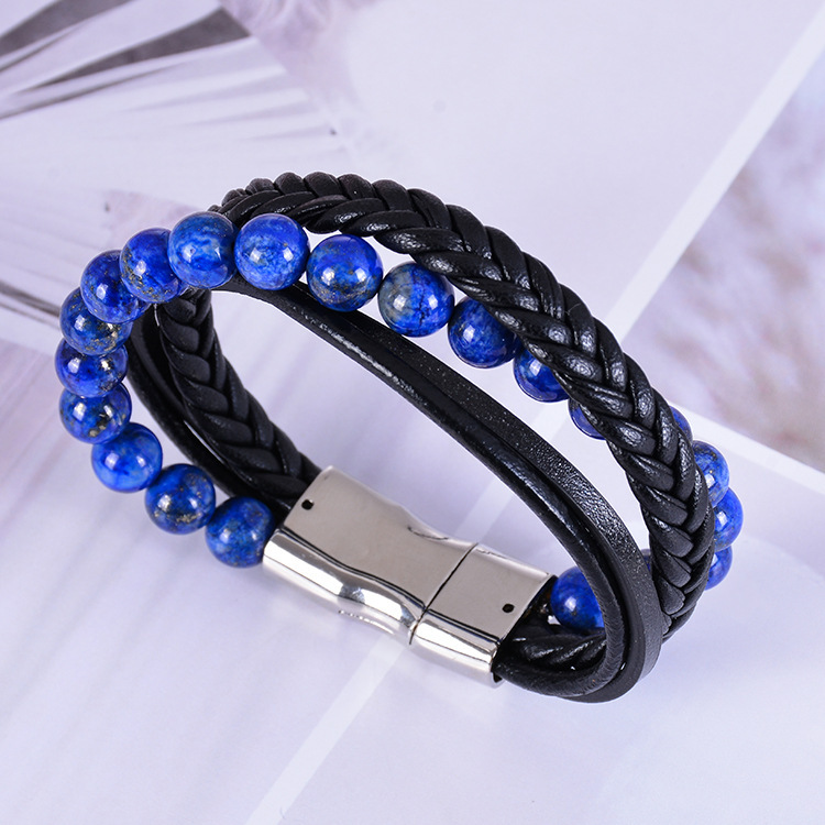 7 Chakras Lava Natural Healing Tiger Eye Stone Bead Bracelet for Men Women Genuine Leather Rope with Stainless Steel Magnetic Buckle