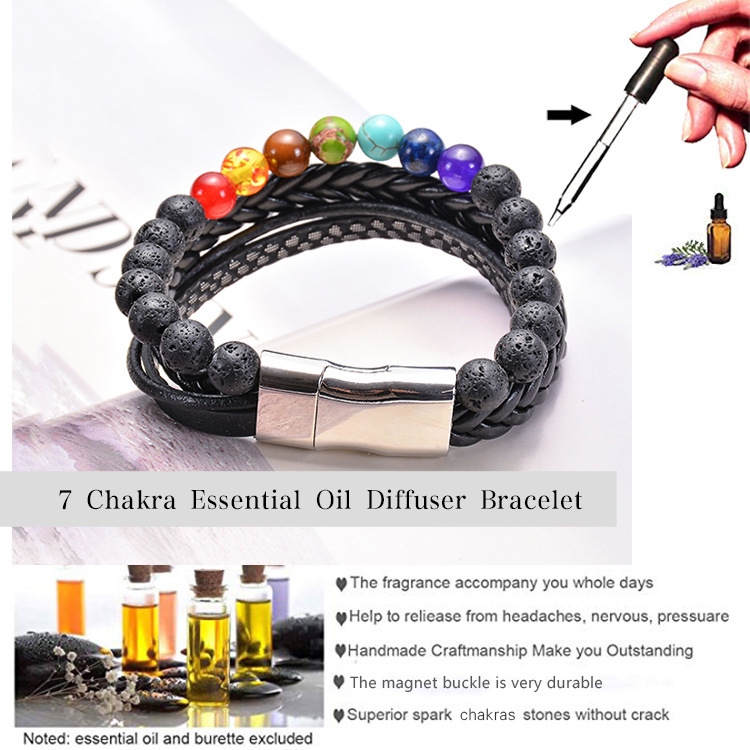 7 Chakras Lava Natural Healing Tiger Eye Stone Bead Bracelet for Men Women Genuine Leather Rope with Stainless Steel Magnetic Buckle