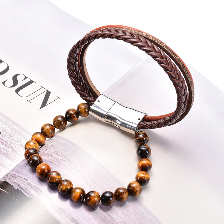 7 Chakras Lava Natural Healing Tiger Eye Stone Bead Bracelet for Men Women Genuine Leather Rope with Stainless Steel Magnetic Buckle