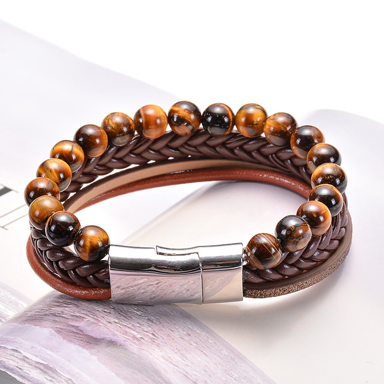 7 Chakras Lava Natural Healing Tiger Eye Stone Bead Bracelet for Men Women Genuine Leather Rope with Stainless Steel Magnetic Buckle