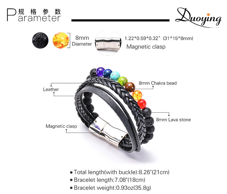 7 Chakras Lava Natural Healing Tiger Eye Stone Bead Bracelet for Men Women Genuine Leather Rope with Stainless Steel Magnetic Buckle