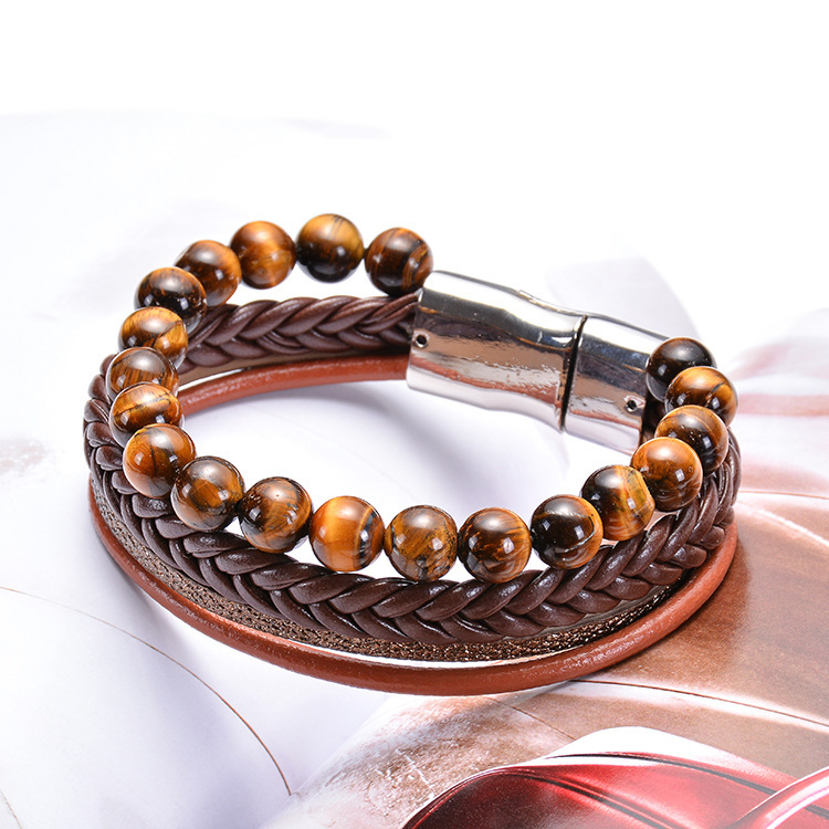 7 Chakras Lava Natural Healing Tiger Eye Stone Bead Bracelet for Men Women Genuine Leather Rope with Stainless Steel Magnetic Buckle