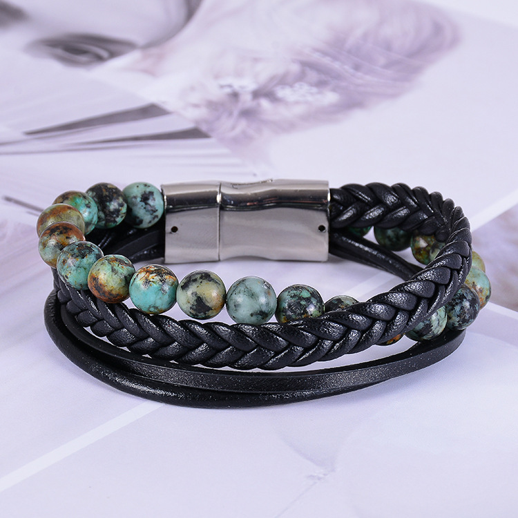 7 Chakras Lava Natural Healing Tiger Eye Stone Bead Bracelet for Men Women Genuine Leather Rope with Stainless Steel Magnetic Buckle