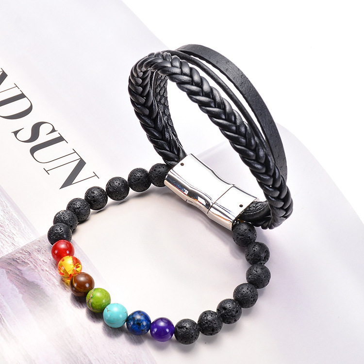 7 Chakras Lava Natural Healing Tiger Eye Stone Bead Bracelet for Men Women Genuine Leather Rope with Stainless Steel Magnetic Buckle