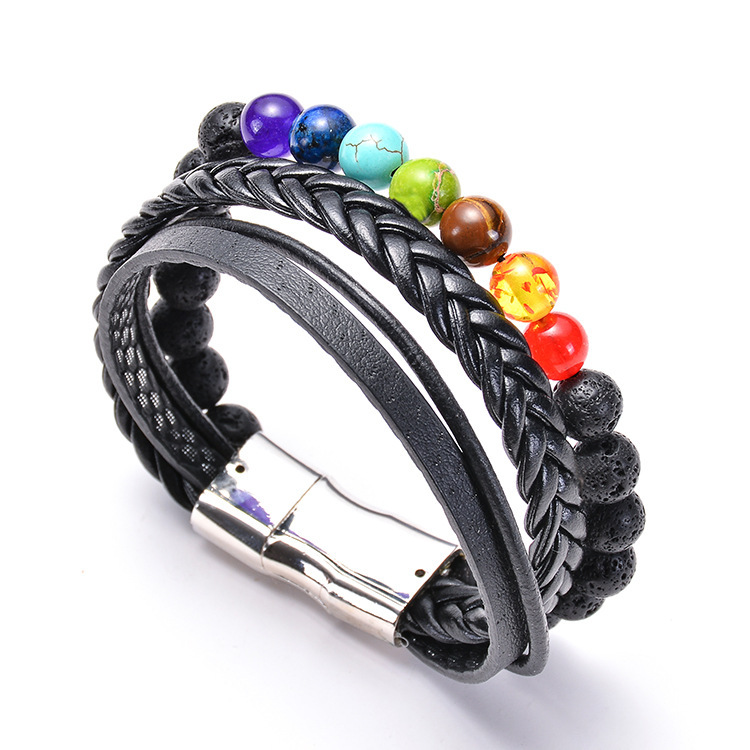 7 Chakras Lava Natural Healing Tiger Eye Stone Bead Bracelet for Men Women Genuine Leather Rope with Stainless Steel Magnetic Buckle
