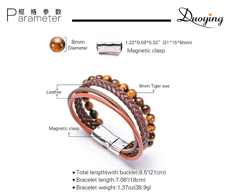 7 Chakras Lava Natural Healing Tiger Eye Stone Bead Bracelet for Men Women Genuine Leather Rope with Stainless Steel Magnetic Buckle