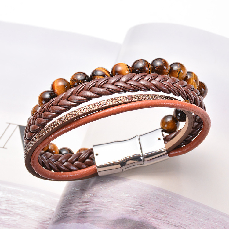 7 Chakras Lava Natural Healing Tiger Eye Stone Bead Bracelet for Men Women Genuine Leather Rope with Stainless Steel Magnetic Buckle