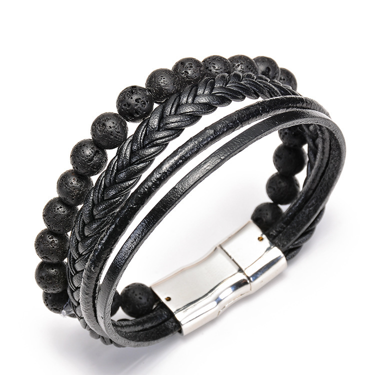 7 Chakras Lava Natural Healing Tiger Eye Stone Bead Bracelet for Men Women Genuine Leather Rope with Stainless Steel Magnetic Buckle