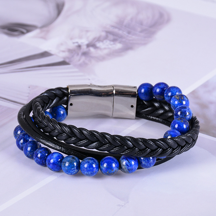 7 Chakras Lava Natural Healing Tiger Eye Stone Bead Bracelet for Men Women Genuine Leather Rope with Stainless Steel Magnetic Buckle