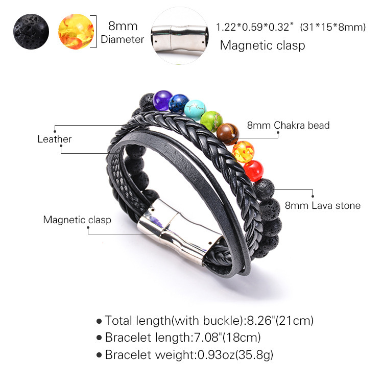 7 Chakras Lava Natural Healing Tiger Eye Stone Bead Bracelet for Men Women Genuine Leather Rope with Stainless Steel Magnetic Buckle