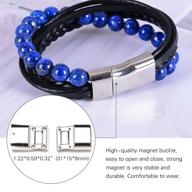 7 Chakras Lava Natural Healing Tiger Eye Stone Bead Bracelet for Men Women Genuine Leather Rope with Stainless Steel Magnetic Buckle