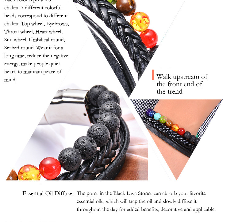 7 Chakras Lava Natural Healing Tiger Eye Stone Bead Bracelet for Men Women Genuine Leather Rope with Stainless Steel Magnetic Buckle