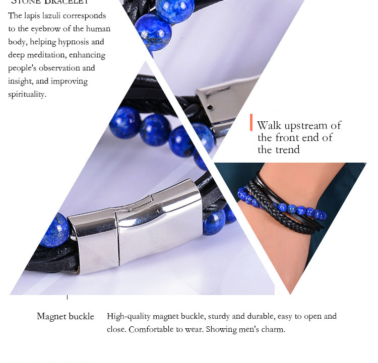 7 Chakras Lava Natural Healing Tiger Eye Stone Bead Bracelet for Men Women Genuine Leather Rope with Stainless Steel Magnetic Buckle