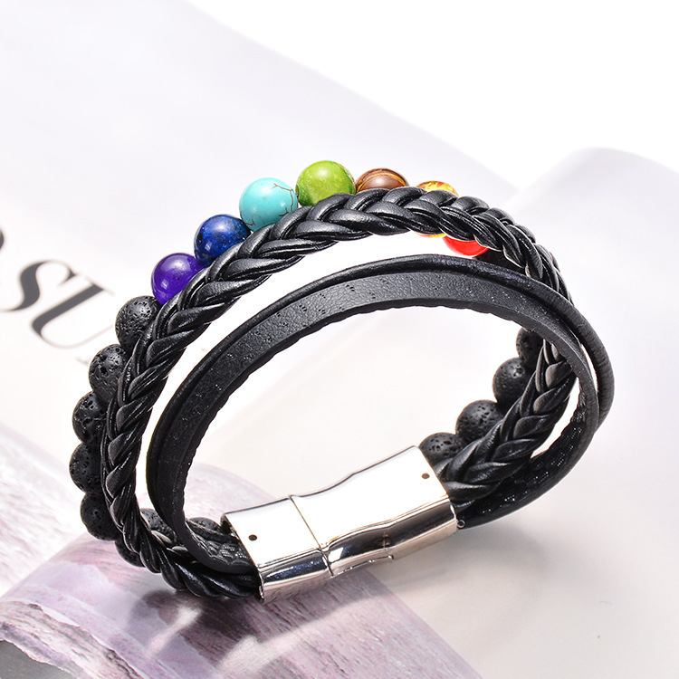 7 Chakras Lava Natural Healing Tiger Eye Stone Bead Bracelet for Men Women Genuine Leather Rope with Stainless Steel Magnetic Buckle